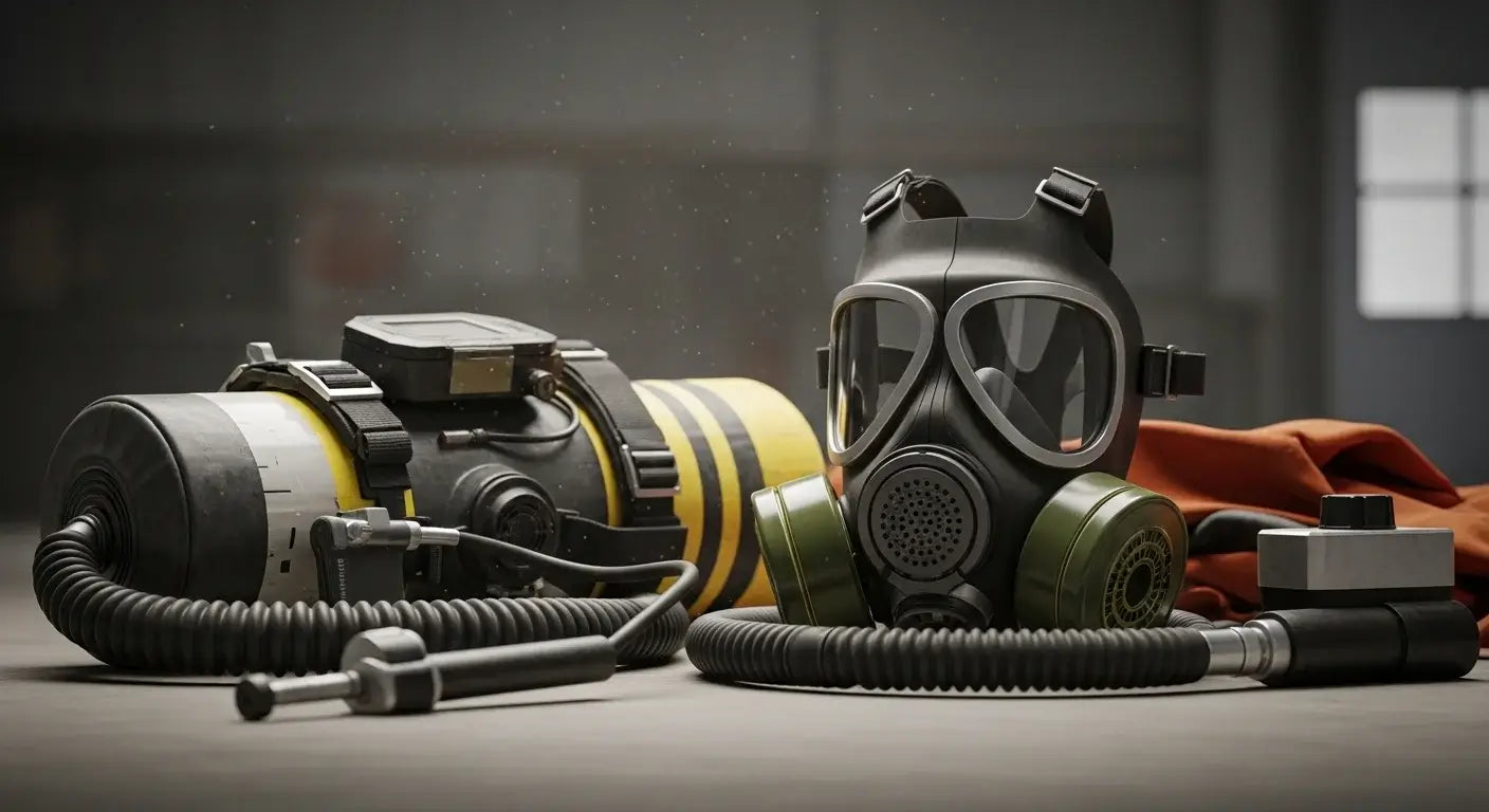 Emergency response gear including a CBRN gas mask and accessories on an industrial backdrop, atmospheric lighting, no humans