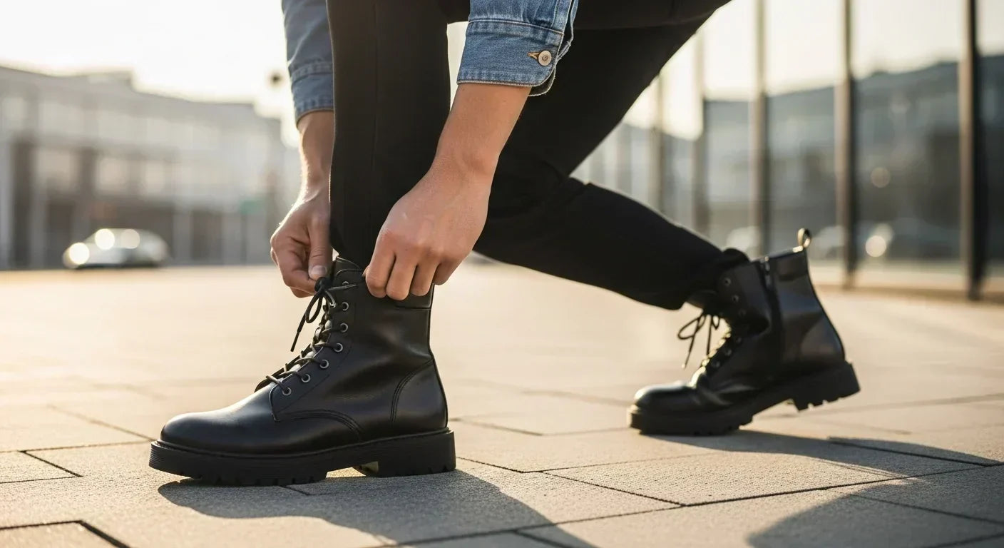 Close-up of combat boots paired with casual street-style outfit on urban street, showcasing confidence and modern fashion.