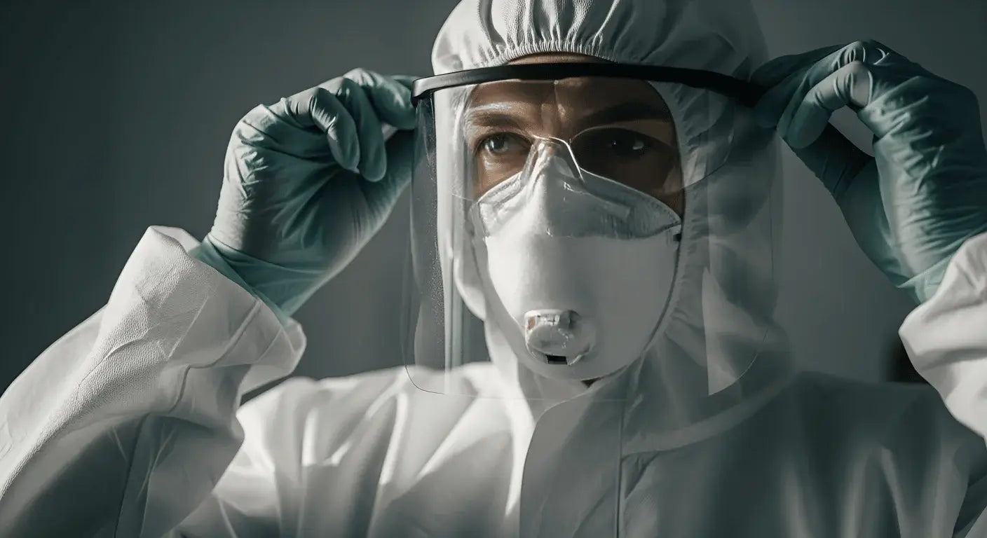 Healthcare worker adjusting personal protective equipment including face shield and respirator in clinical setting.