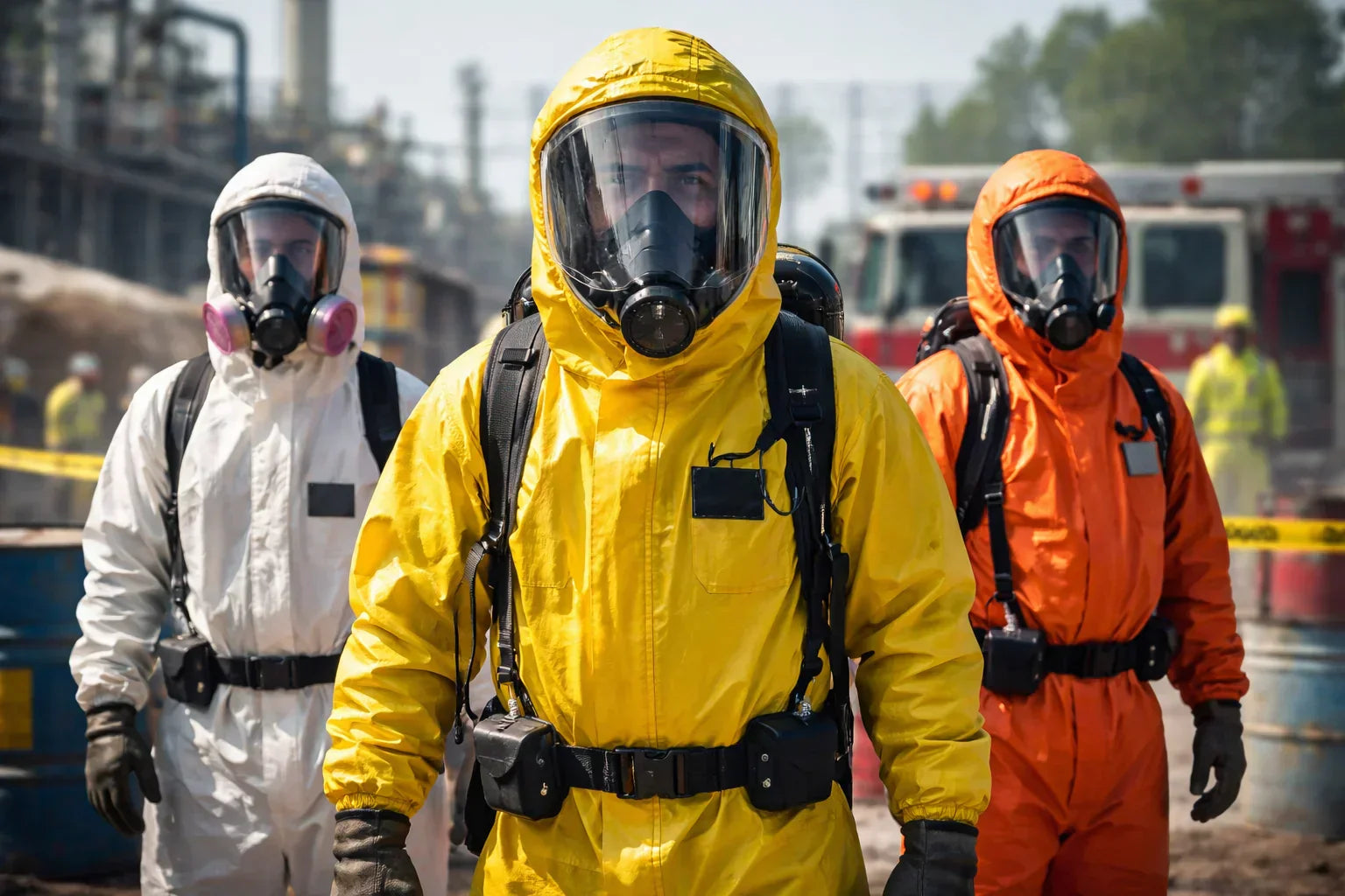 Three hazmat workers in protective suits, including Level A (yellow), Level B (orange), and Level C (white), in an industrial hazardous environment with chemical barrels and emergency vehicles in the background.