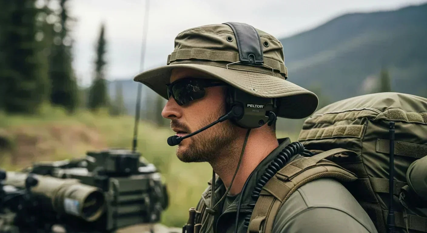 A person wearing a boonie hat and Peltor or ComTac headset in an outdoor tactical environment, demonstrating clear communication and comfort.