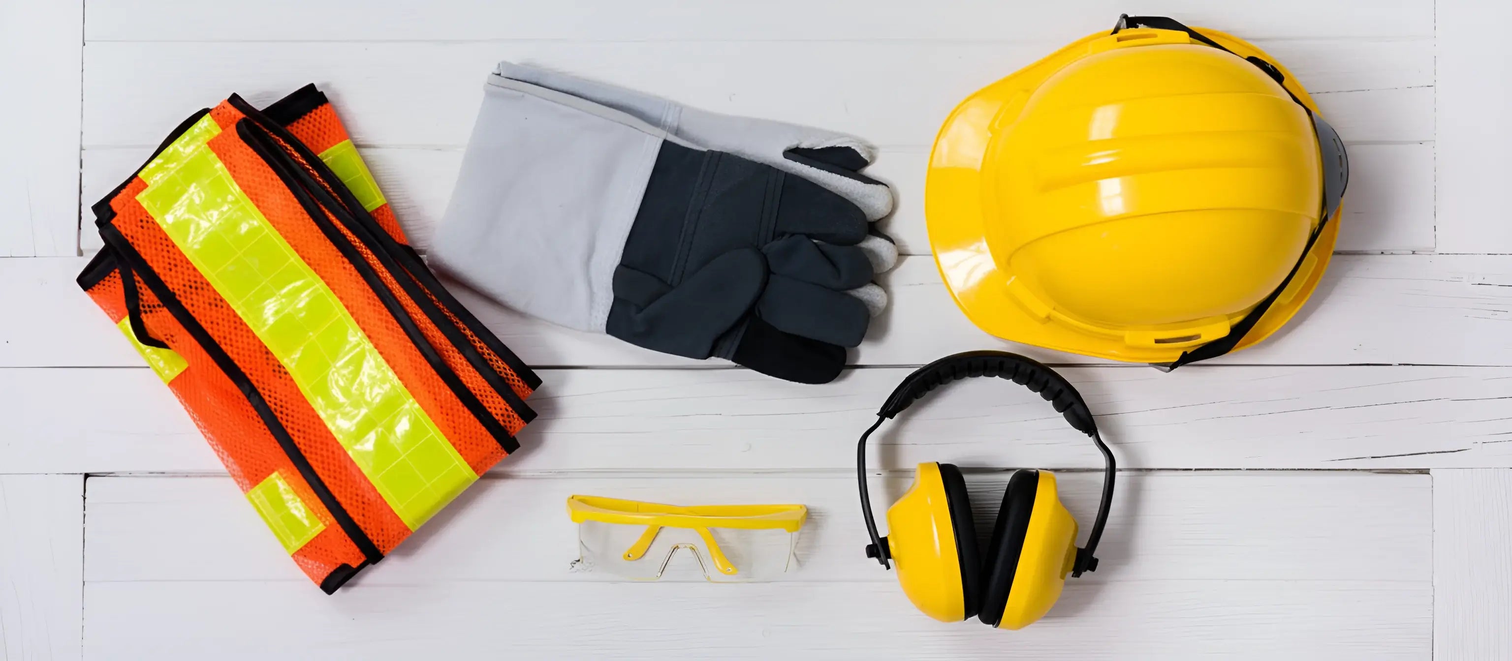 Personal protective equipment PPE including hard hat, safety vest, gloves, safety glasses and hearing protection for workplace safety