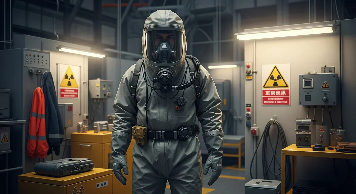 A professional worker wearing a high-quality hazmat suit designed for radiation protection, surrounded by industrial equipment and safety measures in a nuclear power plant or emergency response environment.