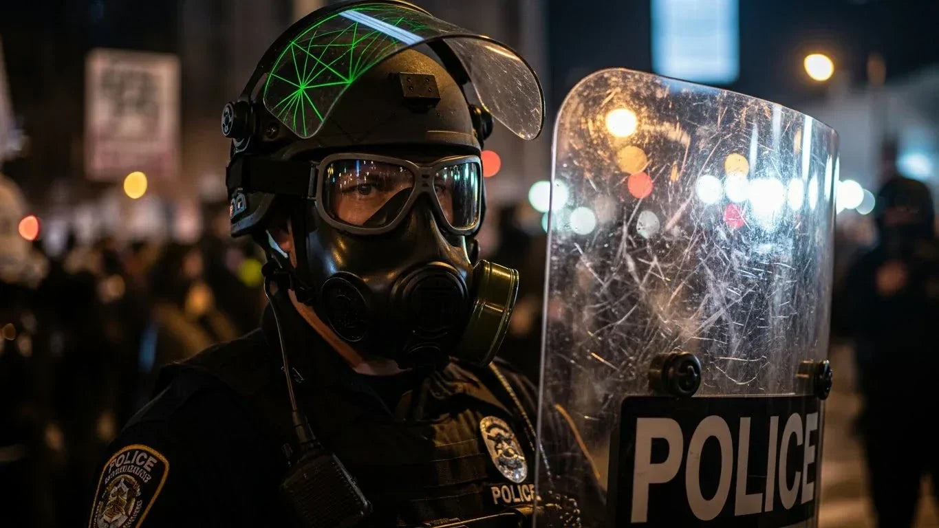 USA police officer wearing tactical gear with gas mask, gas mask filter, tactical goggles, reflective laser and high-intensity light protection shield, and holding a riot shield, illustrating heavy police gear used in tactical operations.