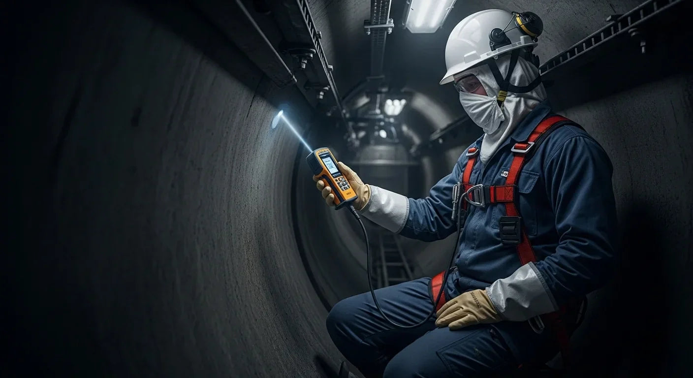 A worker monitoring air quality in a confined industrial space with a gas monitor.