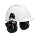 Black 3M PELTOR HRXS221P3E-NA WorkTunes Pro AM/FM Radio Headset on white hardhat on white background