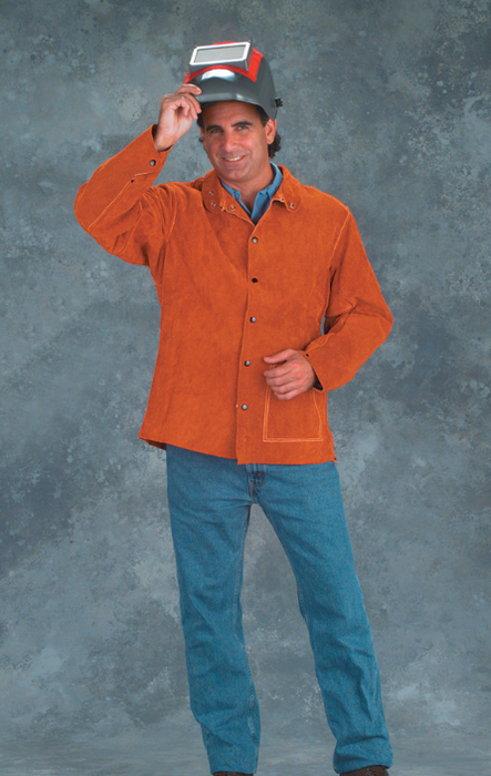 Man wearing Chicago Protective Apparel 600-CL Rust Split Leather Jacket (Style B)