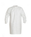 white DuPont IC270B Tyvek IsoClean Frock Bound Seams Bound Neck Set Sleeve Design Covered Elastic Wrists Front Snap Closure 