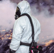 Person in white suit wearing Draeger 4058934 Breathing Tube Assembly on multi color background