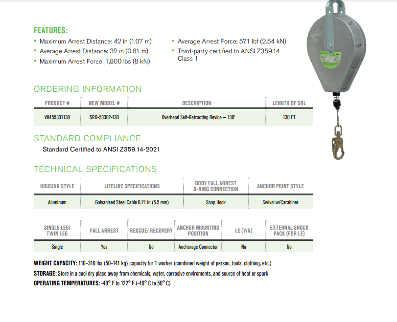 Peakworks V8455331130 Overhead Self-Retracting Devices