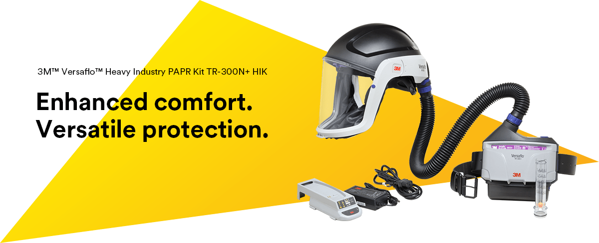 3M  TR300N+HIK Versaflo PAPR on white and yellow background.