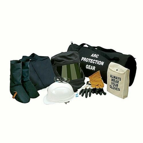 Black, white, tan Chicago Protective Apparel AG20-CL Coat & Leggings Arc Flash KIT 20cal CAT 2on white background