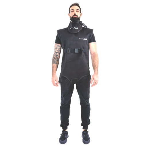 Man wearing black Radshield D2LVSO radiation vest against checkered background.