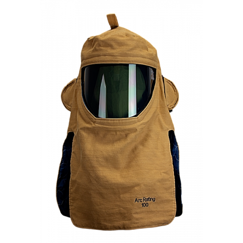 Khaki Enespro National Safety Apparel H65KDQE100FANPV 100cal Pureview arc flash hood on gray and black checkered background