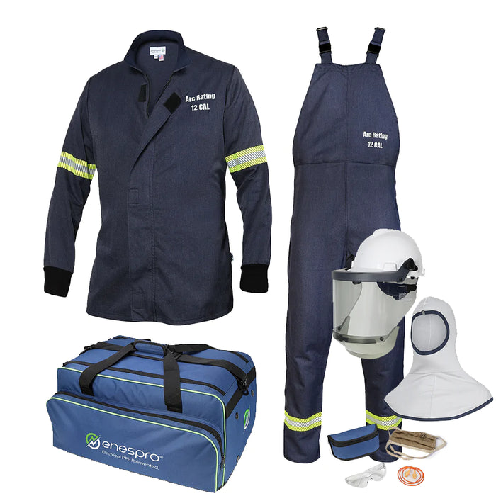 Blue and white Enespro National Safety Apparel EN12KTNTNB02 AirLite 12 Cal Jacket and Bib Kit  on white background 