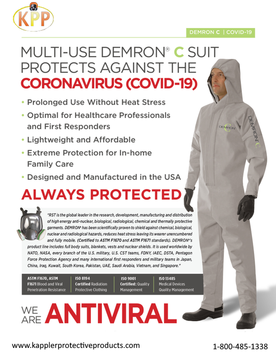 Radshield Demron Coronavirus/biological coverall against white background with writing
