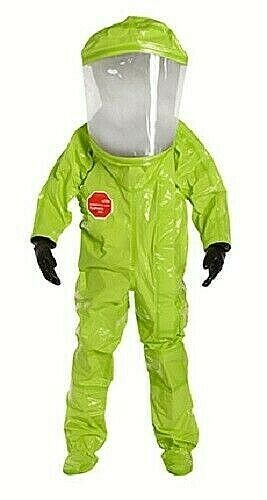 Dupont TK613T lime yellow encapsulated suit against white background